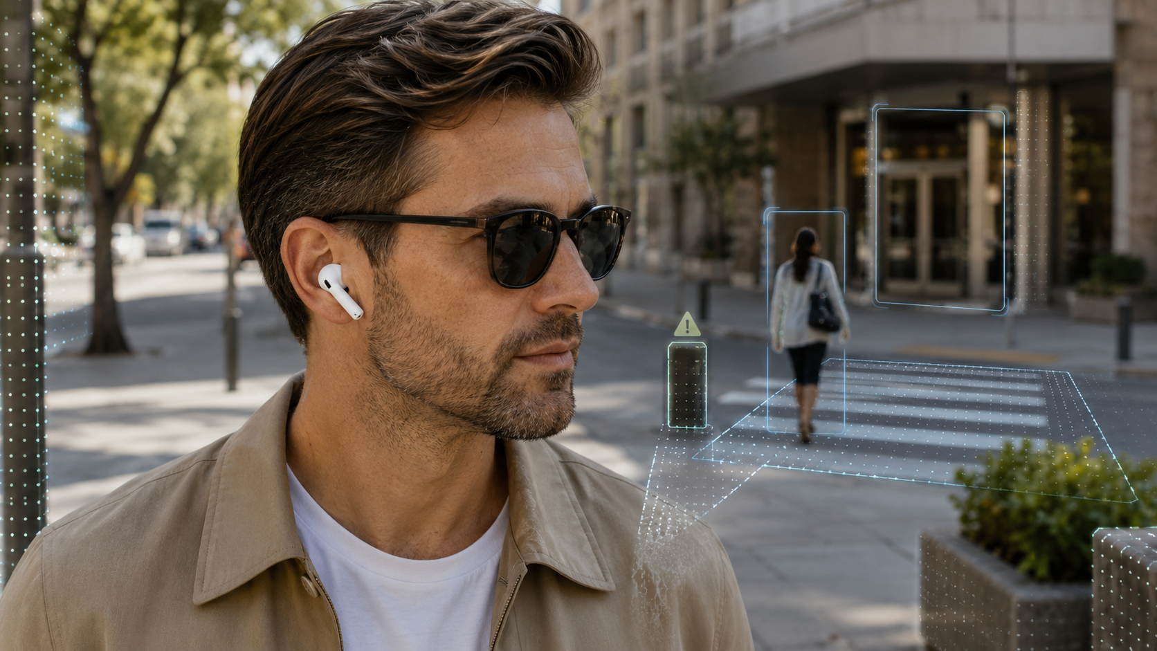 Persona utilizando auriculares inteligentes con inteligencia artificial que analiza el entorno urbano e identifica personas, objetos y obstáculos en tiempo real mediante visión computacional.