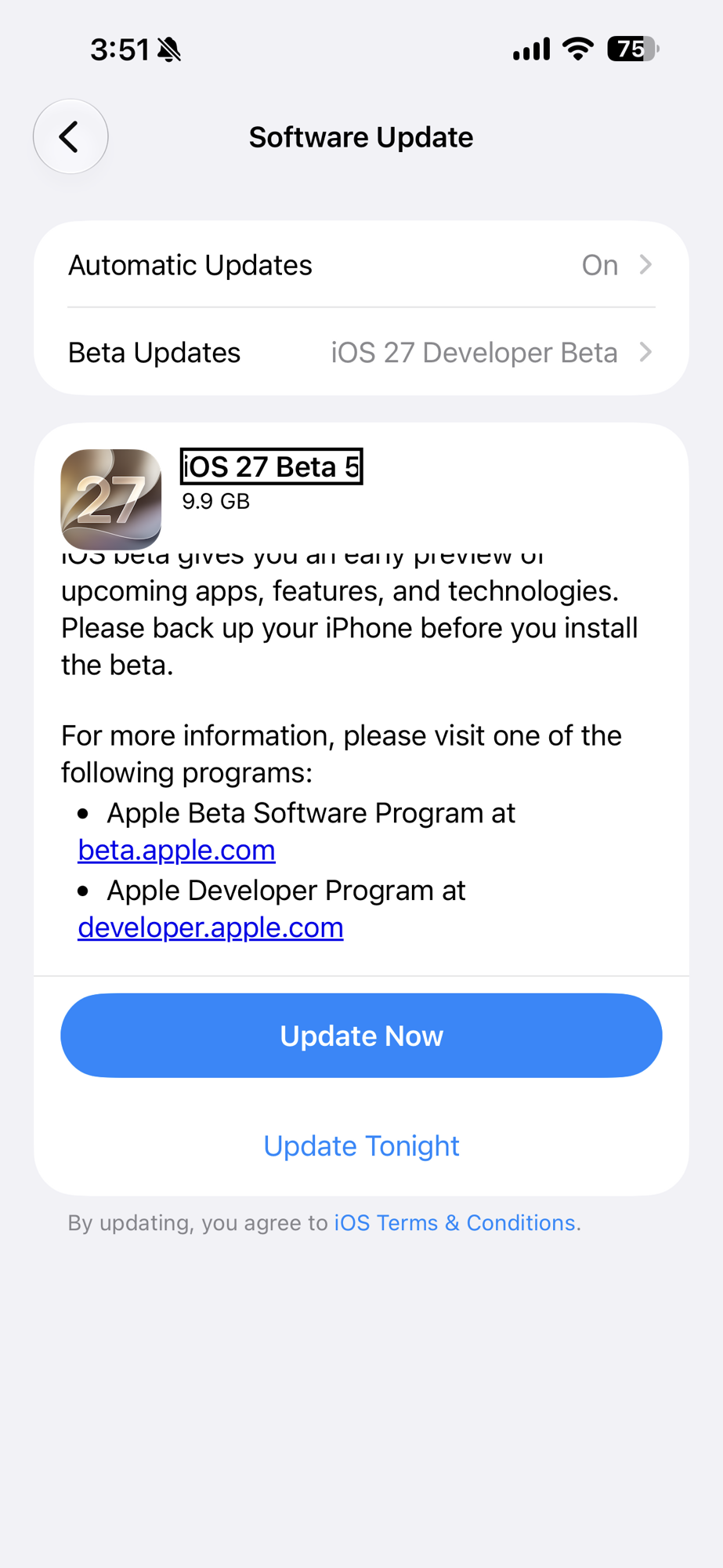 Captura de pantalla del iPhone en Ajustes, Actualización de software, mostrando la opción Actualizaciones beta configurada en iOS 27 Developer Beta y la descarga disponible de iOS 27 Beta 5 con un tamaño de 9.9 GB, junto a los botones Actualizar ahora y Actualizar esta noche.
