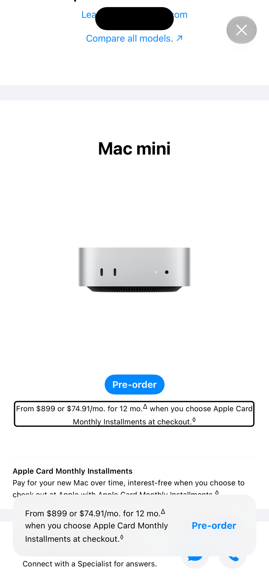Página de Apple mostrando el nuevo Mac mini de frente, de color plata, con dos puertos USB-C y el botón de reserva desde 899 dólares.