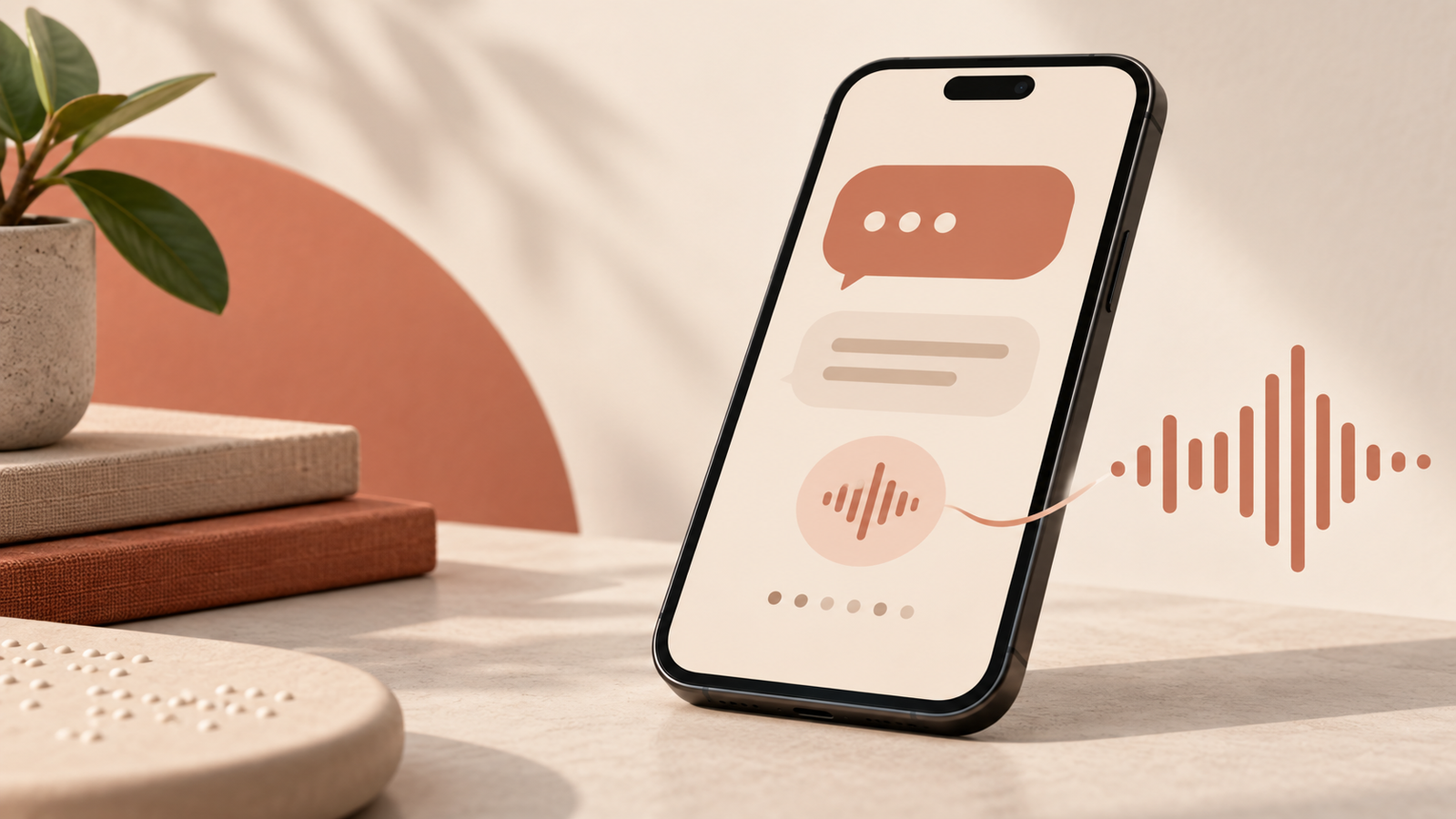 Ilustración de un teléfono con burbujas de conversación y ondas de audio; en primer plano hay puntos en relieve que evocan el braille.