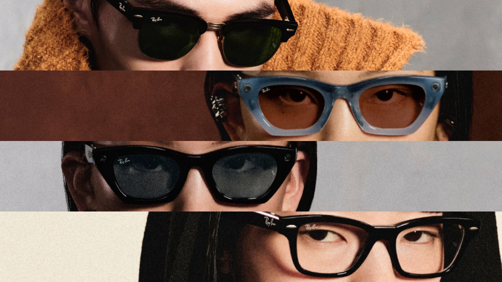 Collage promocional de personas con gafas inteligentes de Meta.