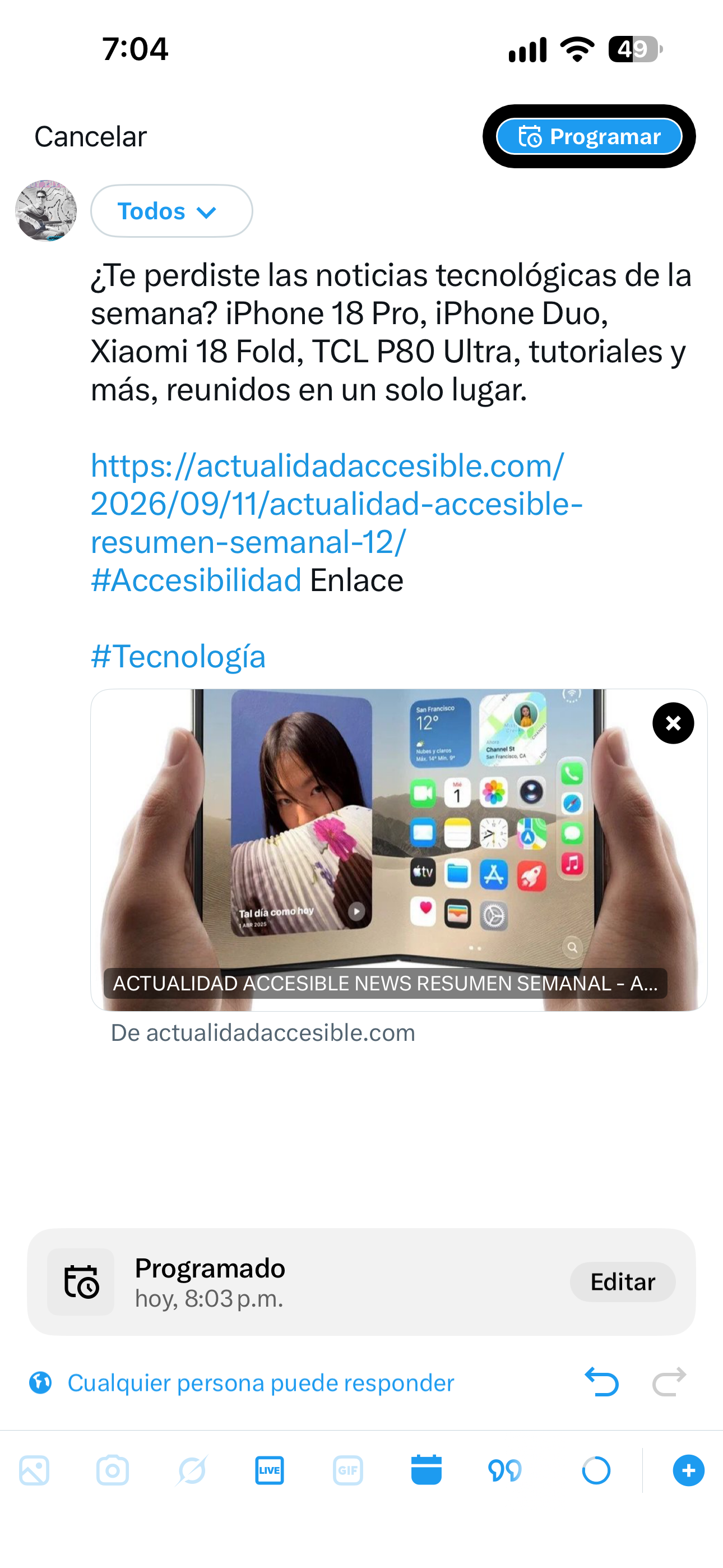 X en iPhone mostrando una publicación configurada para publicarse a las 8:03 p. m.; la interfaz indica Programado y permite editar la programación.