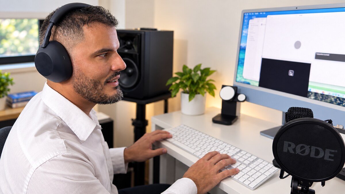 Alfonzo Villalobos utiliza una computadora con auriculares y micrófono para probar herramientas de inteligencia artificial accesibles.