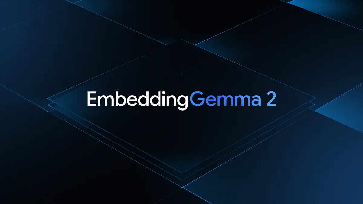 Texto «EmbeddingGemma 2» sobre capas geométricas oscuras con bordes azules.