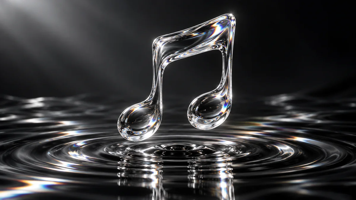Dos notas musicales unidas, de aspecto cristalino, suspendidas sobre una superficie oscura con ondas circulares.