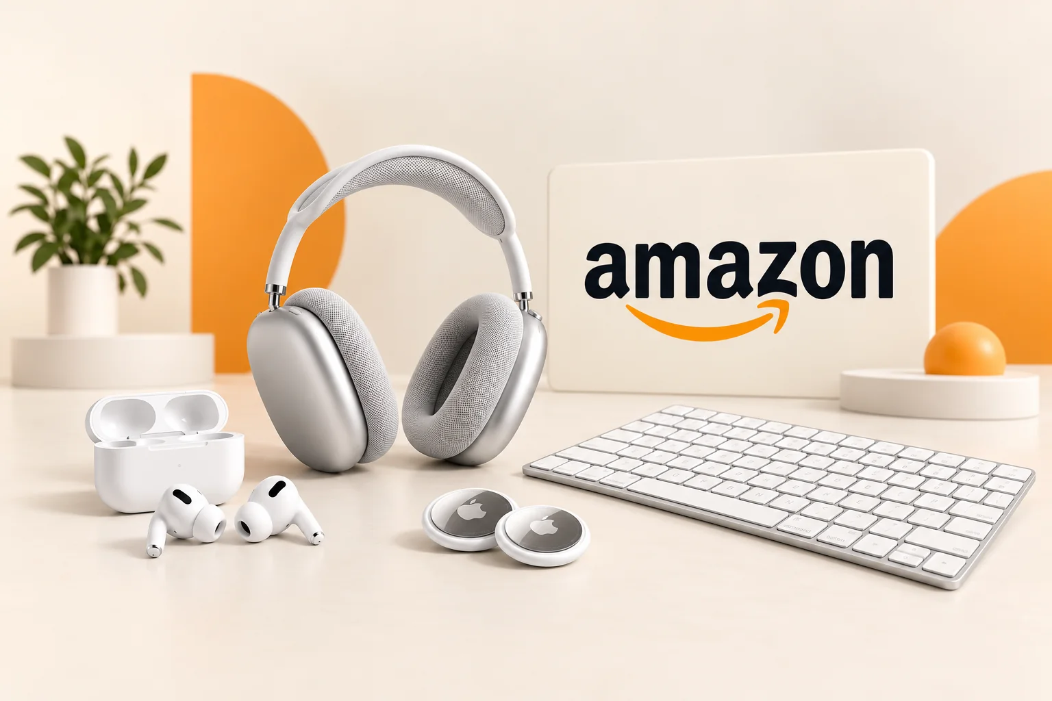 Ilustración de AirPods Pro con su estuche, AirPods Max plateados, dos AirTag y un teclado blanco, junto al logo de Amazon.